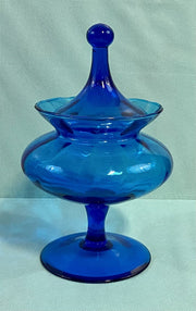 Cobalt Blue Vintage Italian Empoli Glass Pedestal Style Covered Apothecary Jar