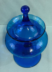 Cobalt Blue Vintage Italian Empoli Glass Pedestal Style Covered Apothecary Jar