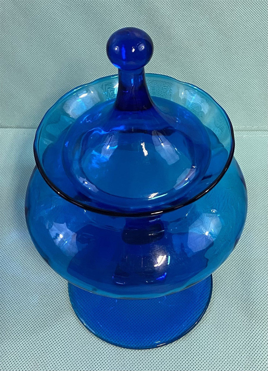 Cobalt Blue Vintage Italian Empoli Glass Pedestal Style Covered Apothecary Jar