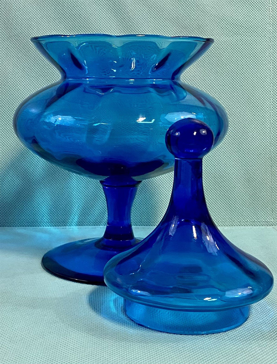 Cobalt Blue Vintage Italian Empoli Glass Pedestal Style Covered Apothecary Jar