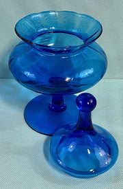 Cobalt Blue Vintage Italian Empoli Glass Pedestal Style Covered Apothecary Jar