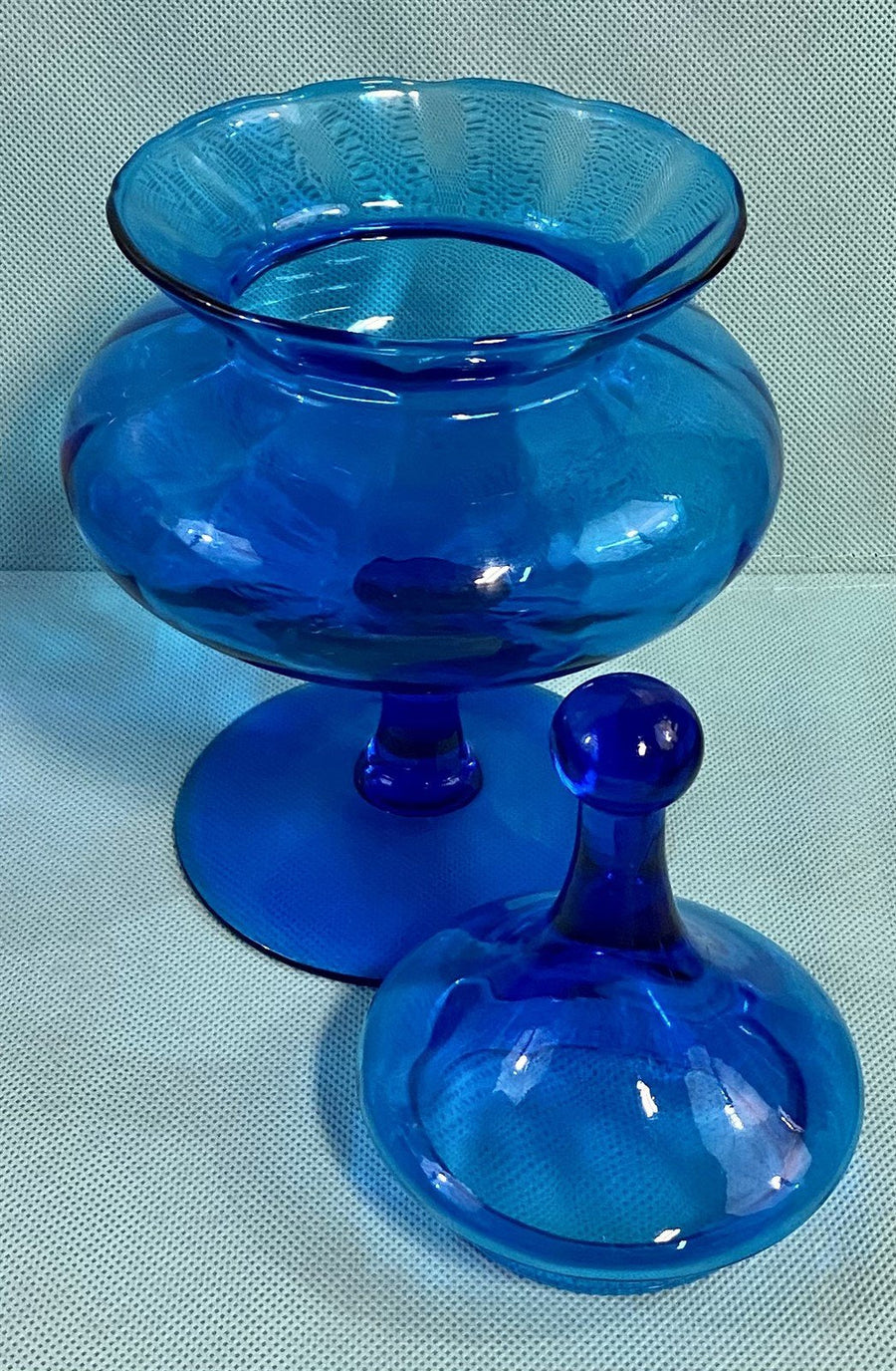 Cobalt Blue Vintage Italian Empoli Glass Pedestal Style Covered Apothecary Jar