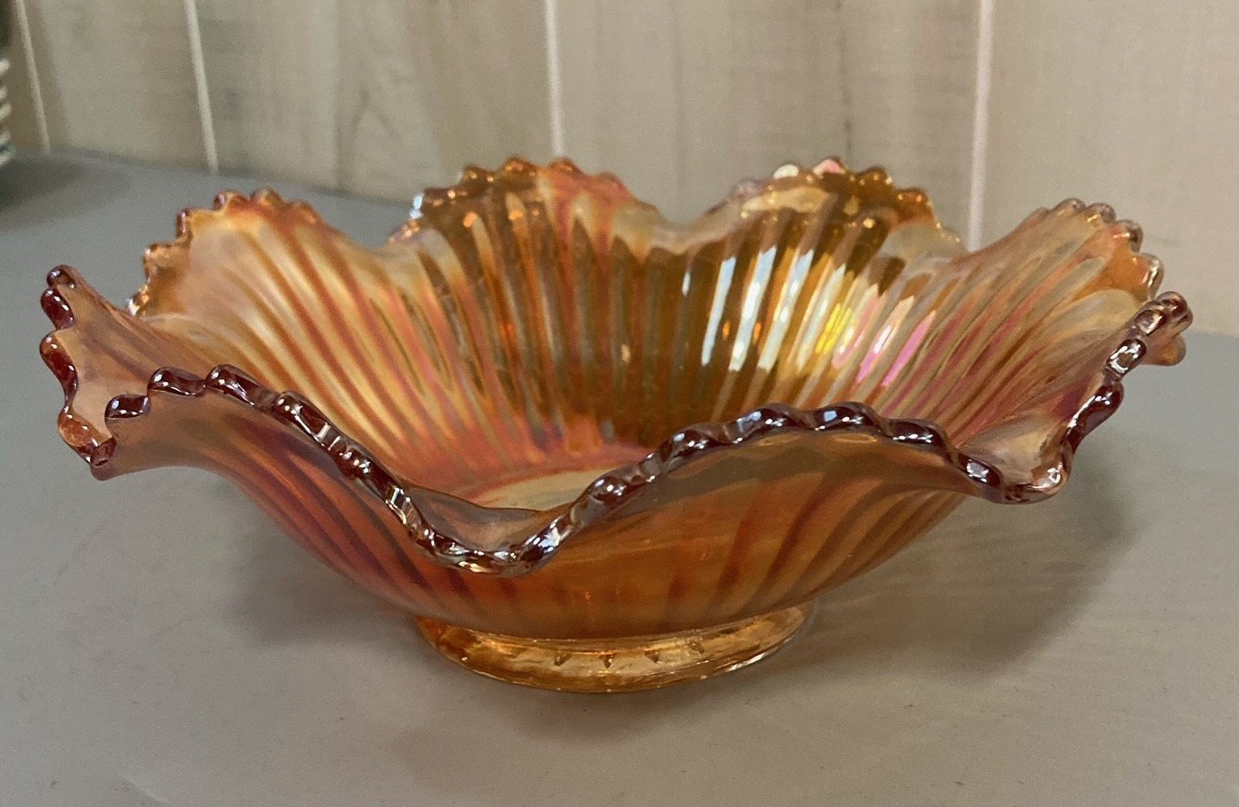 Fenton Marigold Carnival Iridescent Orange Fringed Glass Candy Dish