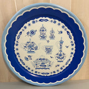 Large Round 19" Tin Serving Tray Blue White Coffee Tea Flowers Teapot