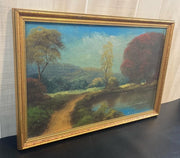 Mid Century Lakeside Country Road Landscape Oil Painting With Gold Frame