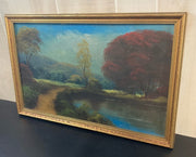 Mid Century Lakeside Country Road Landscape Oil Painting With Gold Frame