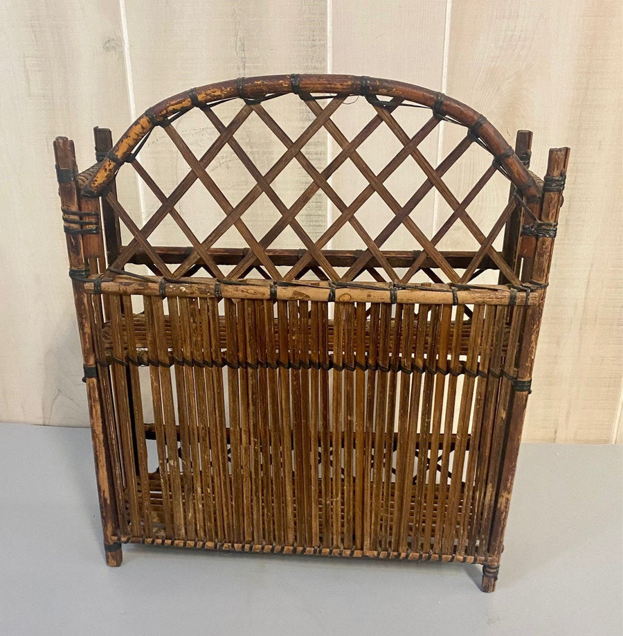 70's Boho Cool Rattan Wicker Hanging Wall 2 Shelf Stand w Great Patina & Pattern