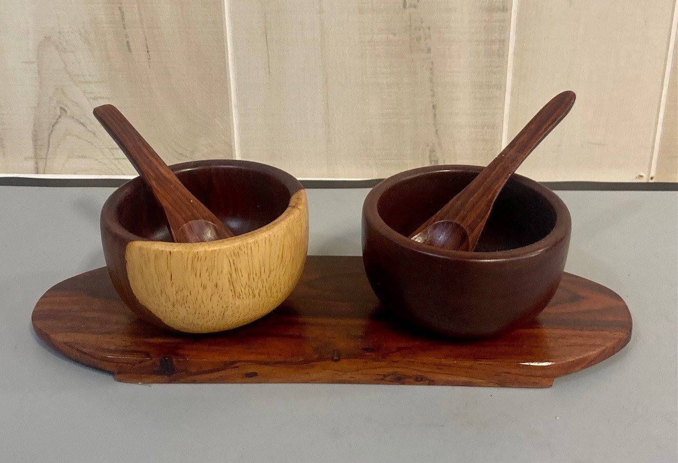 Vintage Wooden Nuts Teak Condiment Serving Set with Orig. Matching Wooden Spoons