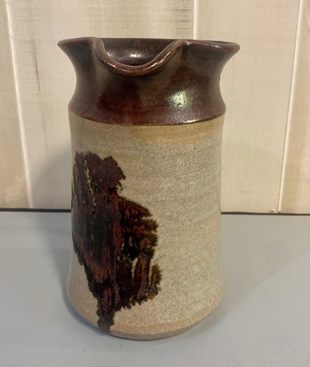 Vintage Signed Handmade Stoneware Crock Pottery Pitcher w Great Design & Color