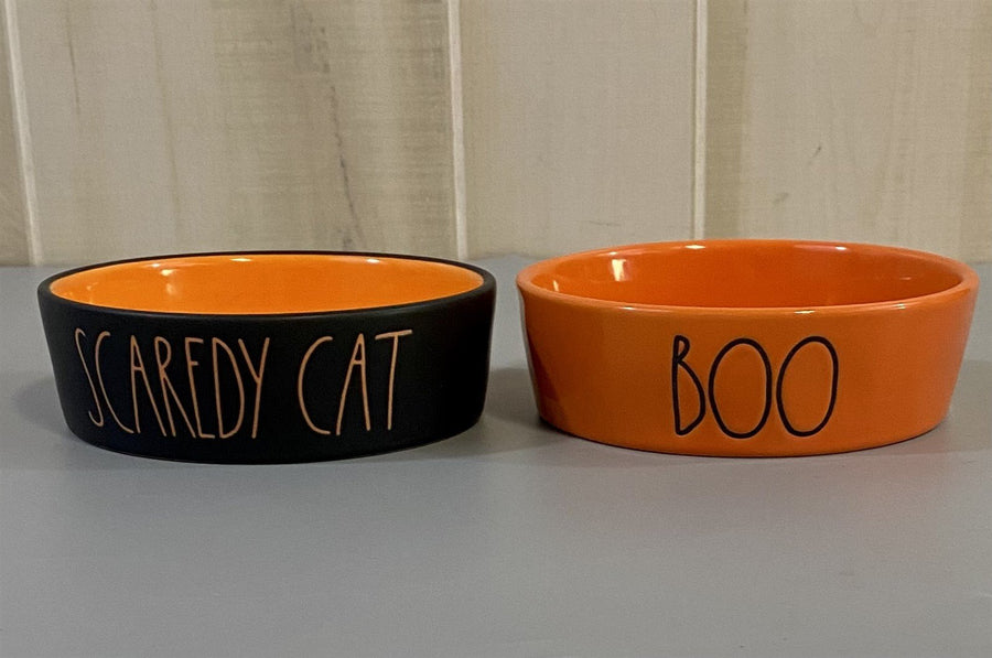 Rae Dunn Halloween Themed Black and Orange Cat Bowls "Scaredy Cat" and "Boo"