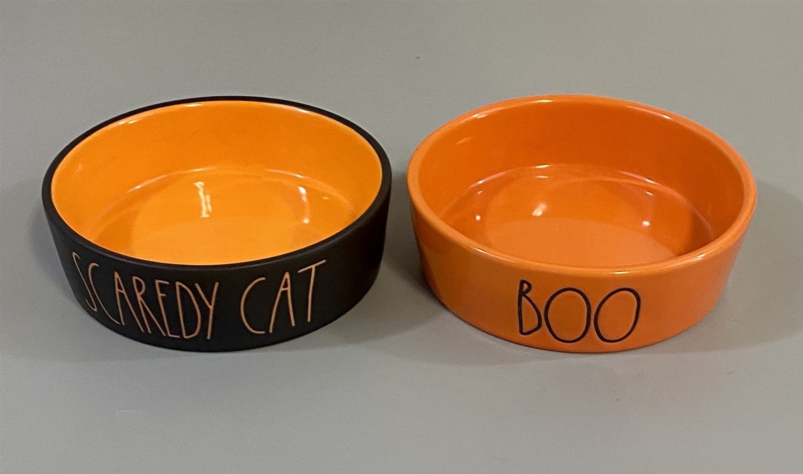 Rae Dunn Halloween Themed Black and Orange Cat Bowls "Scaredy Cat" and "Boo"