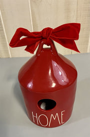 Round Red Rae Dunn Ceramic "Home" Birdhouse w Rubber Stoppered Bottom and Ribbon