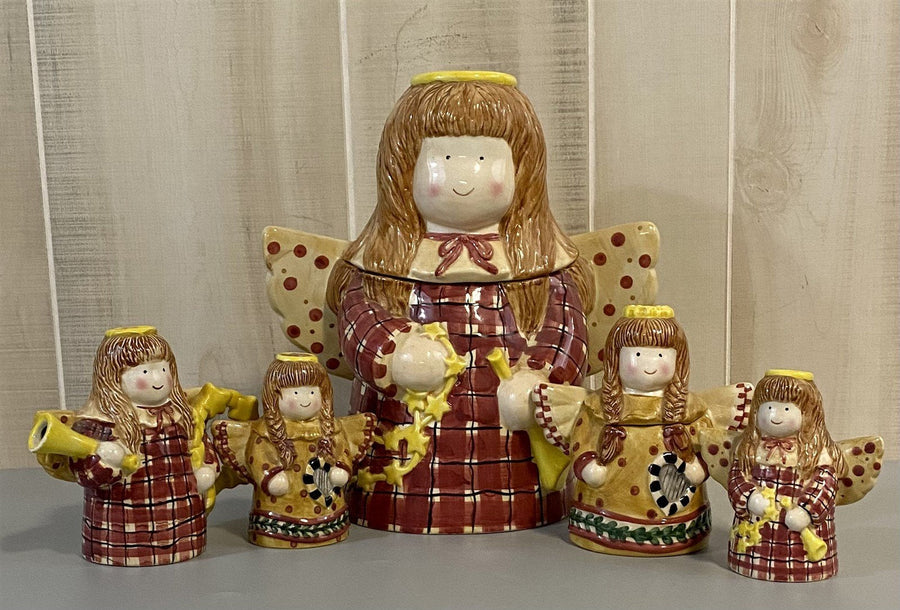 Sakura China Debbie Mumm Gathering of Angels Cookie Jar Creamer Sugar Shaker Set