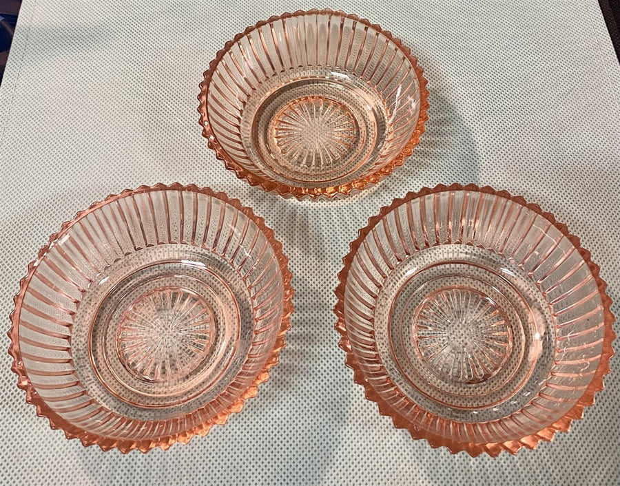 3 Pink Starburst Pattern Anchor Hocking Depression Glass Berry / Dessert Bowls