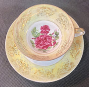 Royal Sealy China Teacup and Saucer w / Roses Gold Trim and Iridescent Border