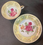 Royal Sealy China Teacup and Saucer w / Roses Gold Trim and Iridescent Border