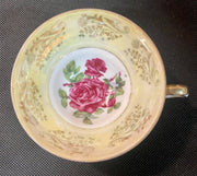 Royal Sealy China Teacup and Saucer w / Roses Gold Trim and Iridescent Border