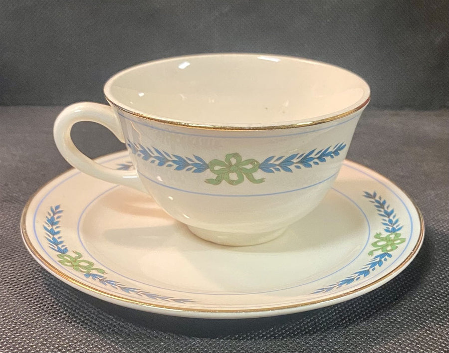 Crooksville China RARE Vintage Blue Laurel Green Bow Pattern Teacup and Plate