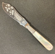 Very Rare Antique Etched Silver Blade Mother of Pearl Handle Fish Serving Knife