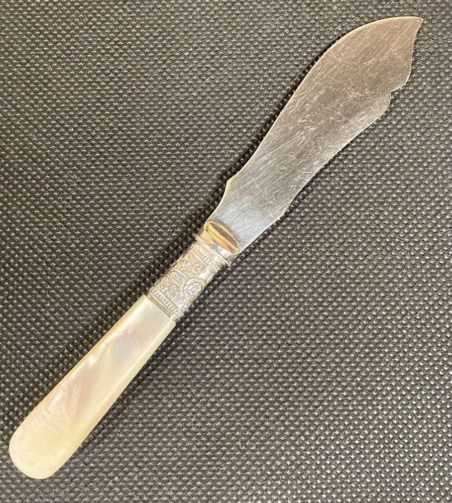 Very Rare Antique Etched Silver Blade Mother of Pearl Handle Fish Serving Knife