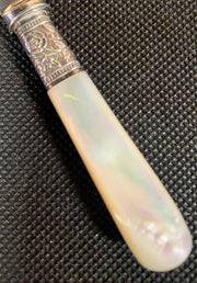 Very Rare Antique Etched Silver Blade Mother of Pearl Handle Fish Serving Knife