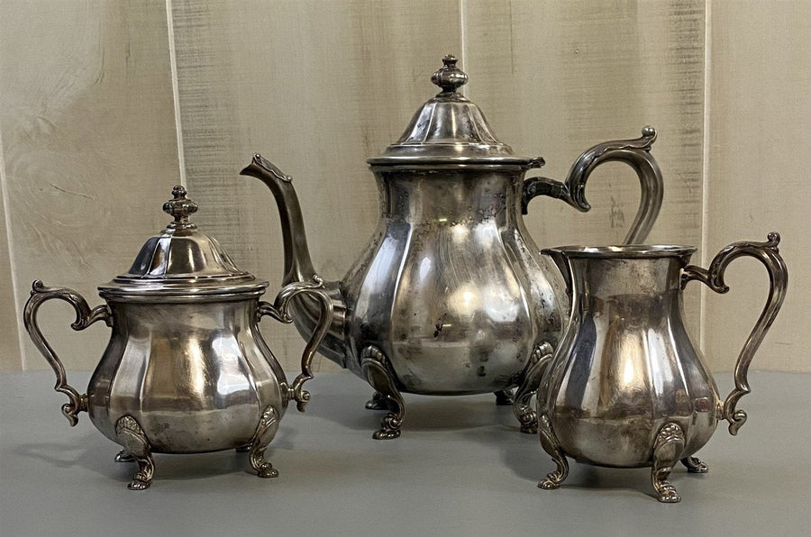 3pc. Antique Chippendale Silver Teapot, Creamer Pitcher, and Sugar Bowl Set