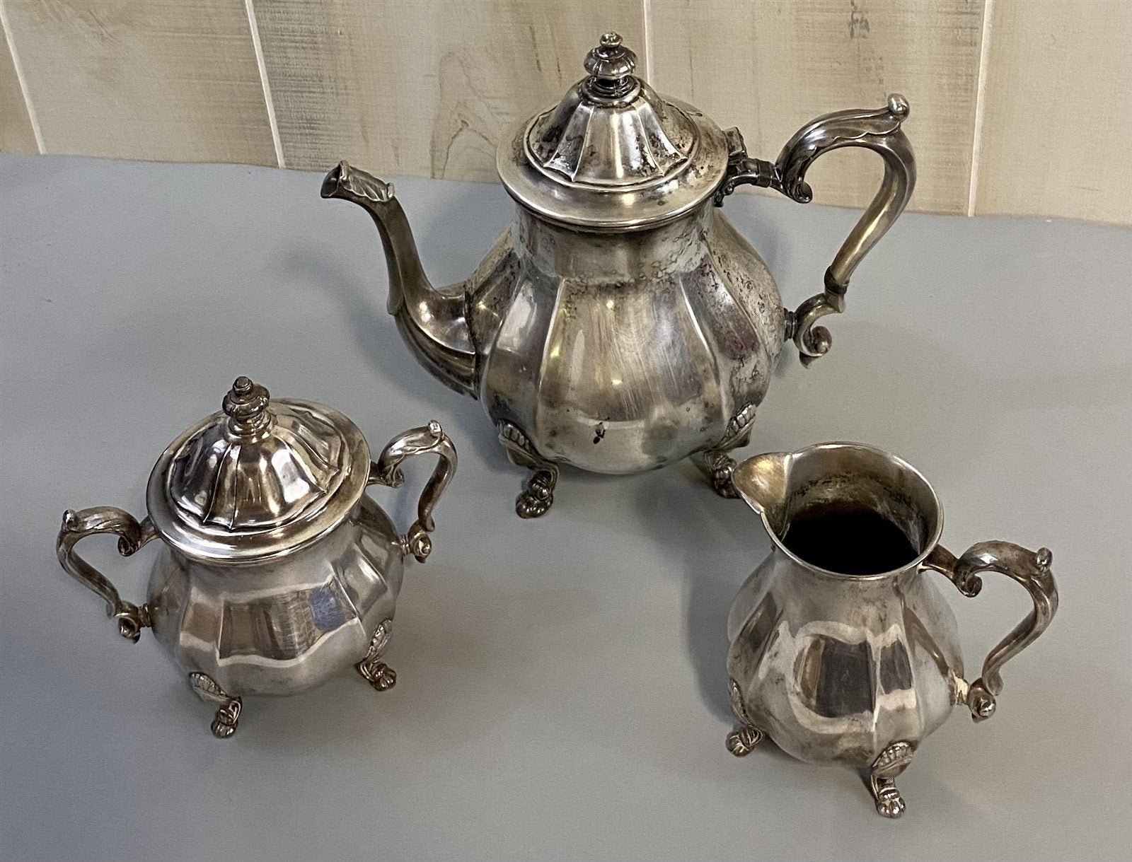 3pc. Antique Chippendale Silver Teapot, Creamer Pitcher, and Sugar Bowl Set