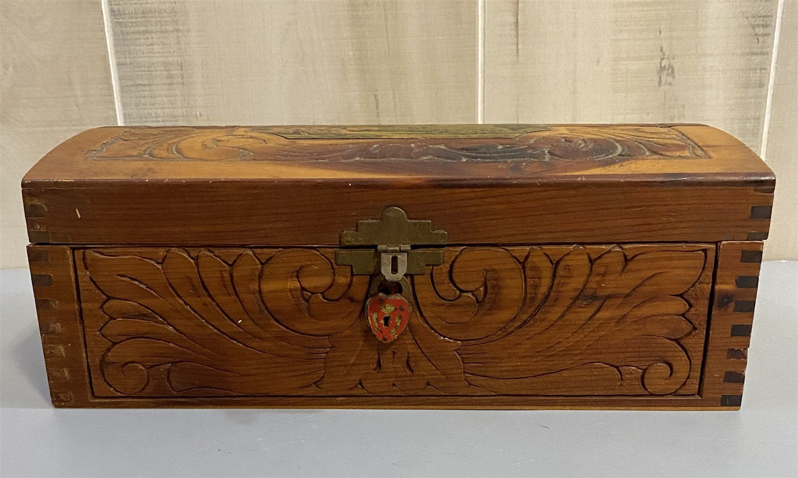 Unlined Unbranded Carved Vintage Cedar Keepsake / Jewelry Box with Mirror Inside