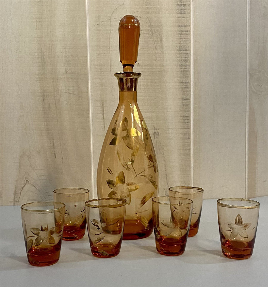 Gold Painted Floral Print Vintage Sake Set w/ 6 Matching Sake Glasses