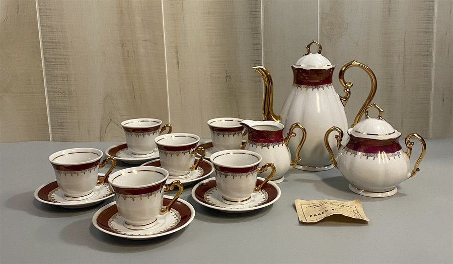 Serbian Made Antique Porcelain Tea Set for 6 with Teapot Creamer and Sugar Bowl