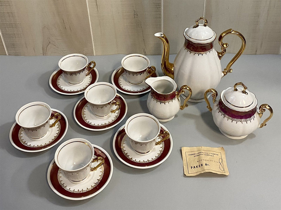 Serbian Made Antique Porcelain Tea Set for 6 with Teapot Creamer and Sugar Bowl