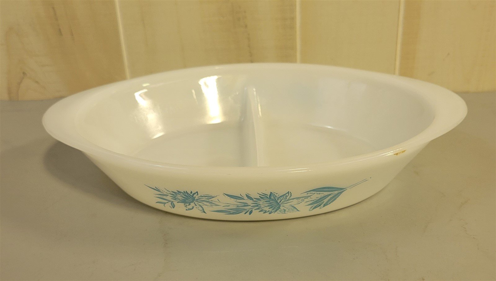 GlasBake Milk Glass Blue Thistle Pattern Divided Casserole Dish No Lid