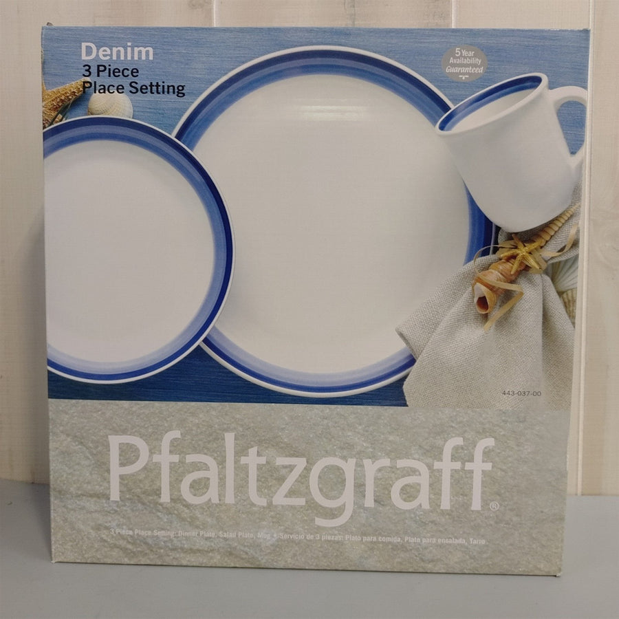 Pfaltzgraff Denim 3pc Place Setting Dinner Plate Salad Plate Mug New in Box Set