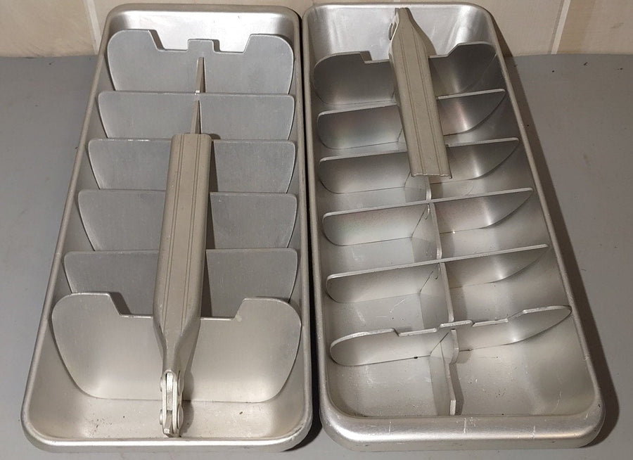 vintage ice cube trays, aluminum metal pull handle release lever