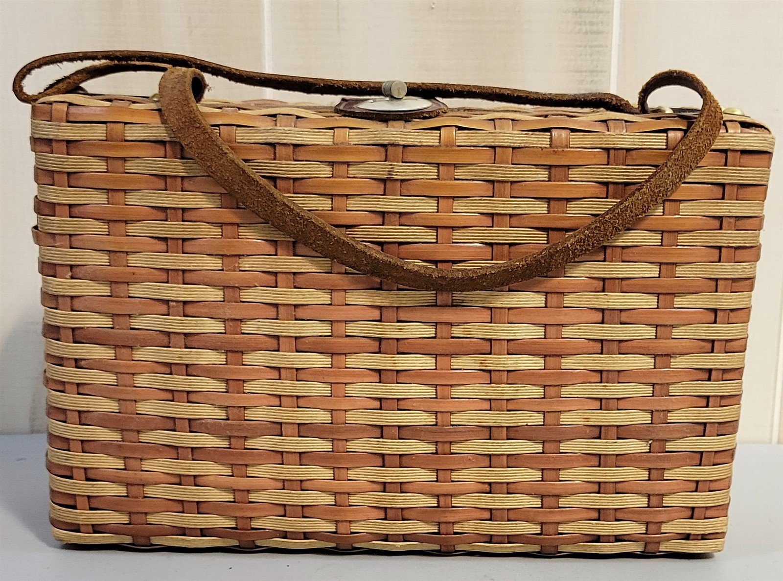 Vintage Wicker Basket Weave Handbag Purse Tote With Feet Leather Trim and Strap