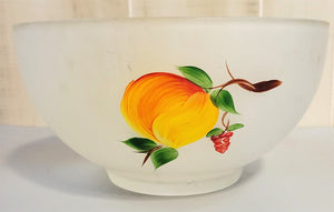 Mid Century Hazel Atlas Frosted Glass Hand Painted Bowl Decorated With Fruit