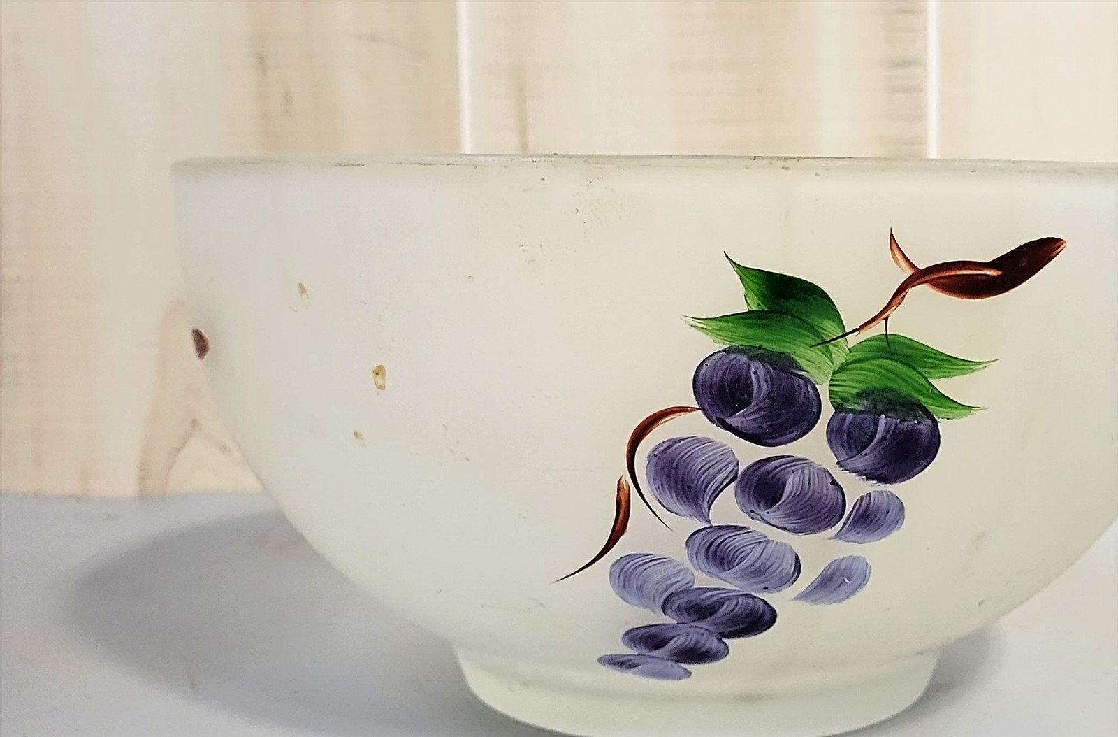 Mid Century Hazel Atlas Frosted Glass Hand Painted Bowl Decorated With Fruit