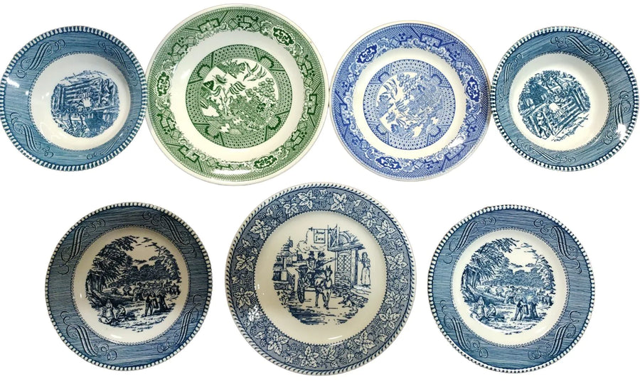 Vintage Dinnerware Set Currier & Ives Royal China Ceramic Plate Bowl Tray Set