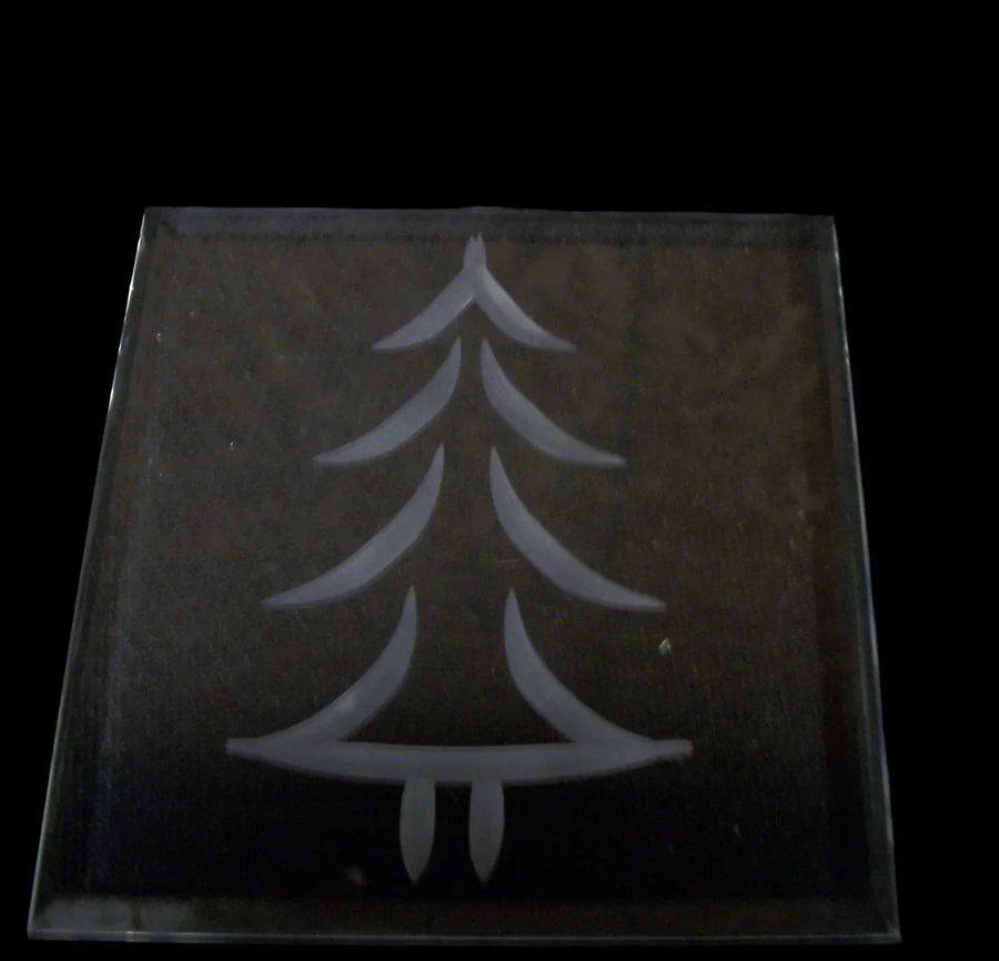 Vintage Antique Glass Coasters Etched Design Set of 12 - Christmas Tree.