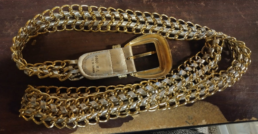 Vintage Fancy Gold Silver Leather Metal Luxury Medium or Large 4460 Chain Belt