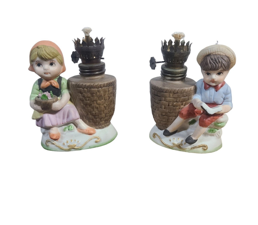 Vintage Set Two Small Oil Lamps Little Boy and Girl Ceramic Figurine No Glass