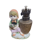 Vintage Set Two Small Oil Lamps Little Boy and Girl Ceramic Figurine No Glass