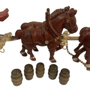 Budweiser Cast Iron Metal Clydesdale Horses and Beer Wagon Wooden Kegs Vintage