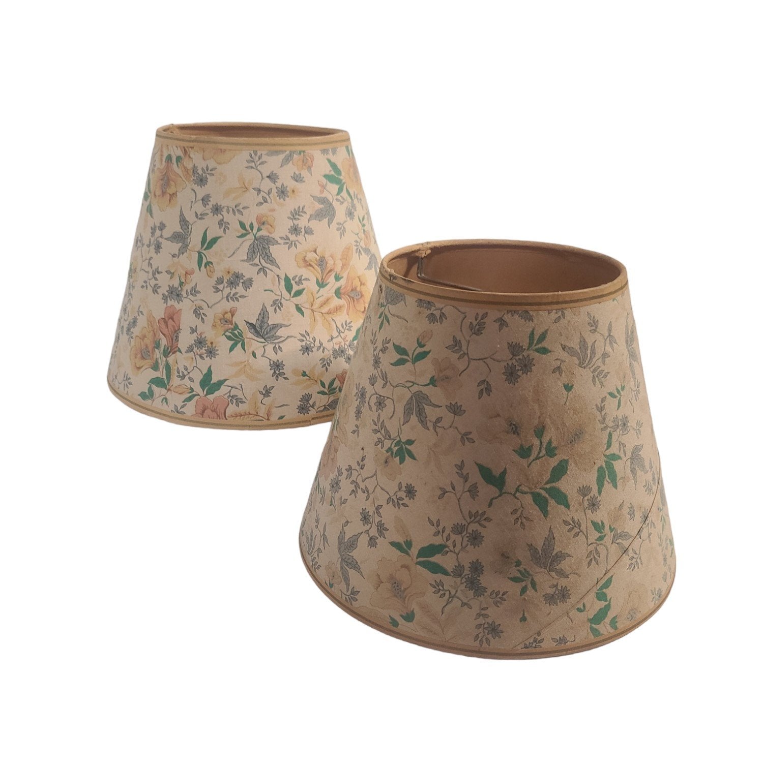 MCM Set of Two Matching Mid Century Lamp Shades Floral Tan Pastel Flowers