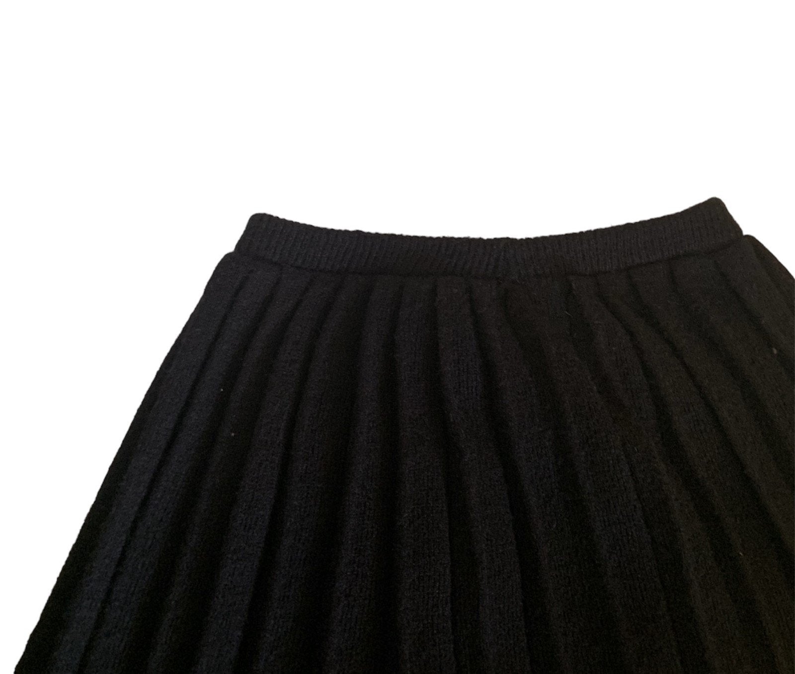 Vintage Wool Pleated Black Midi Skirt Elastic Waist Women's Clothing