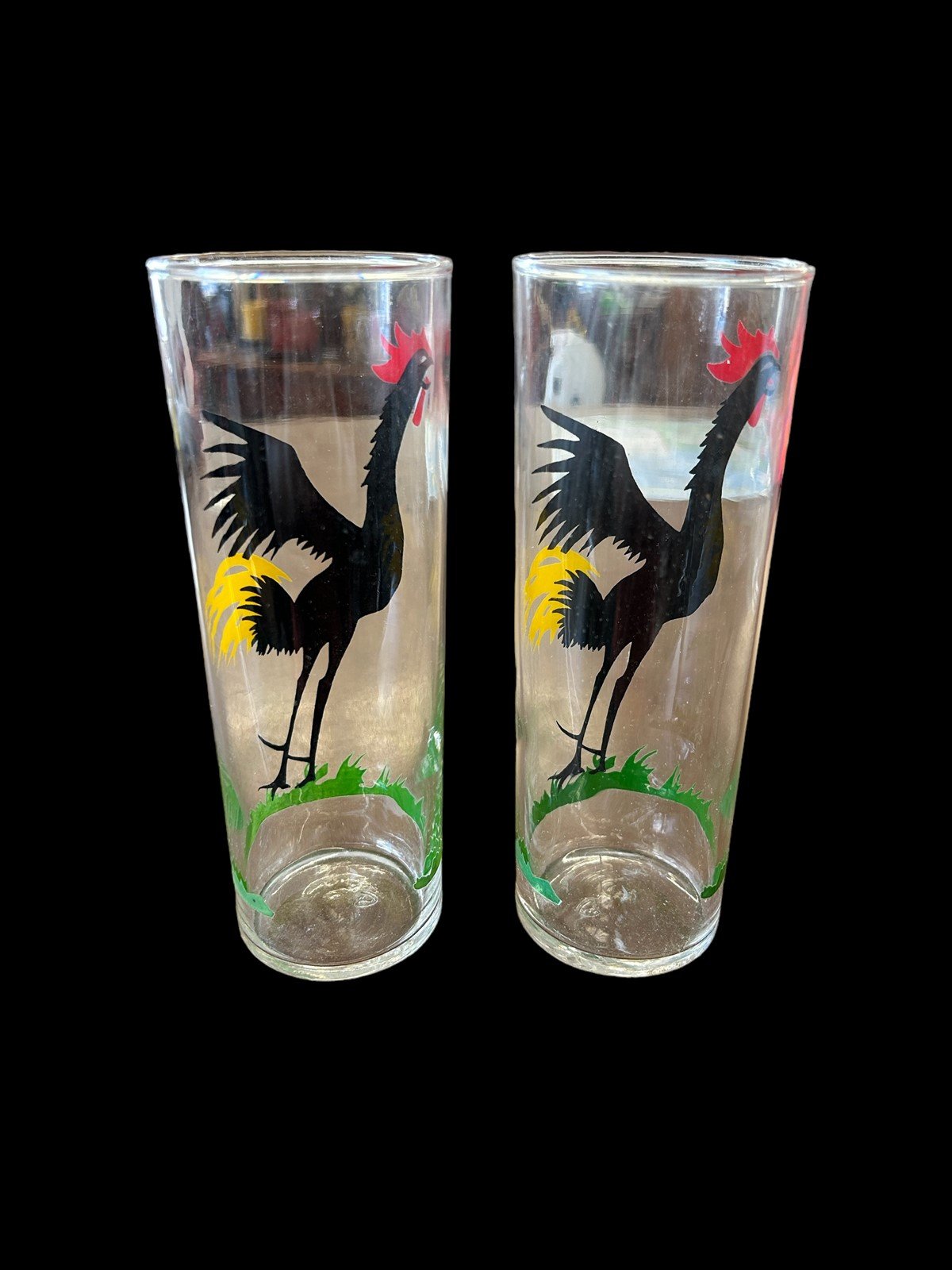 Two Federal Black Crowing Rooster Glasses Tom Collins Cups Cocktail highball