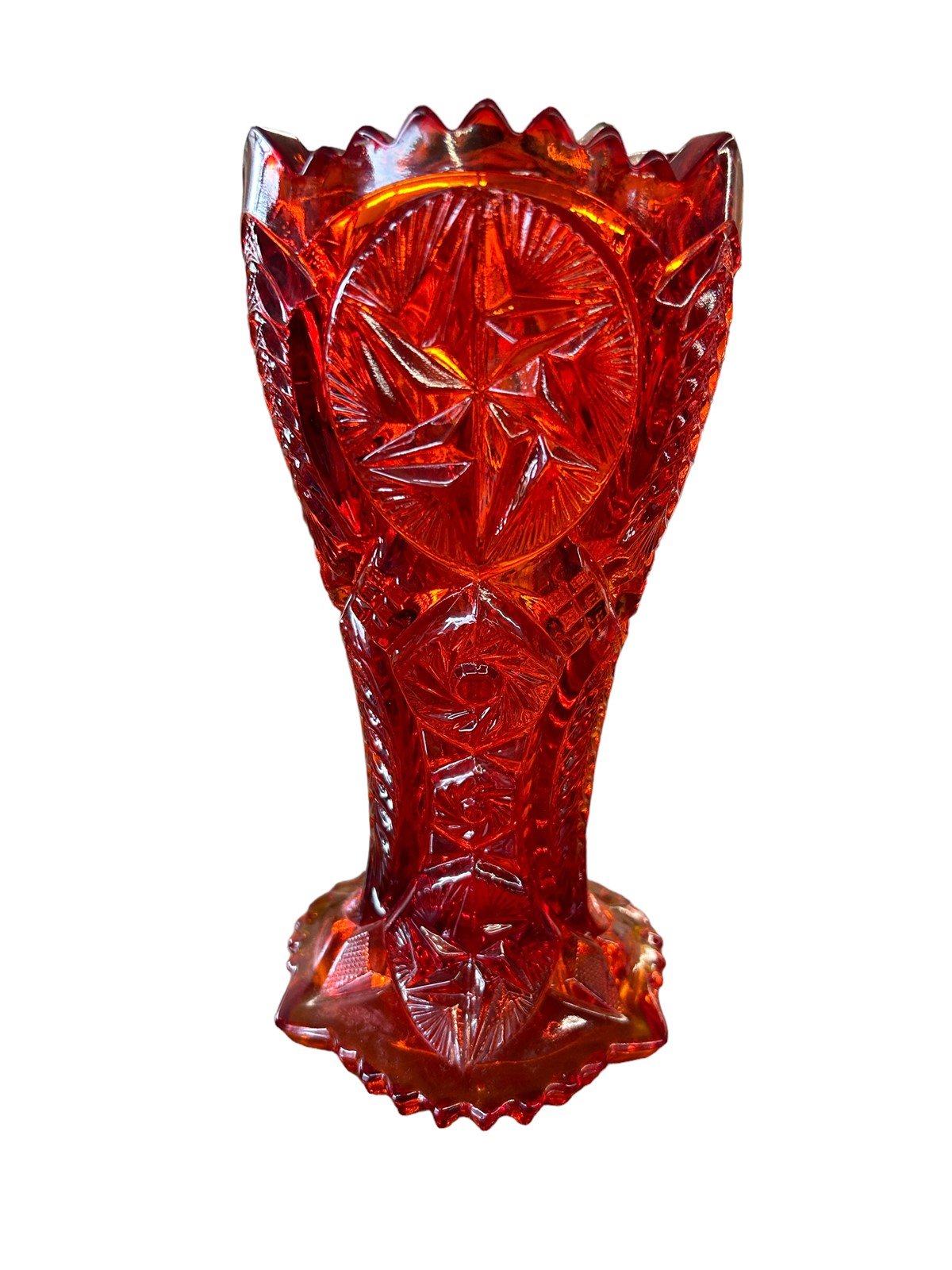 Nortec Vase L.E. Smith Amberina Glass Red Orange Amber 1900's Iridescent Star
