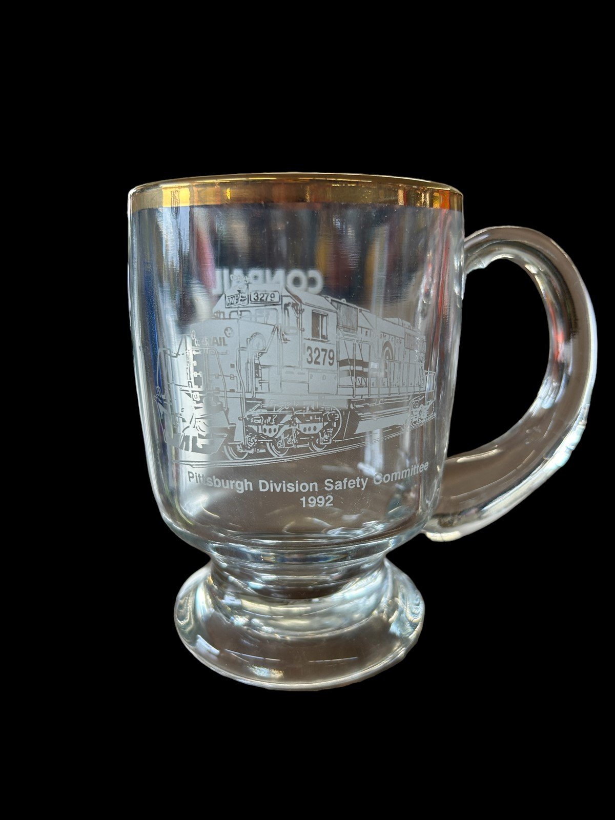Glass Mug Pittsburgh Division Safety Committee 1992 Conrail Train Engine Gold