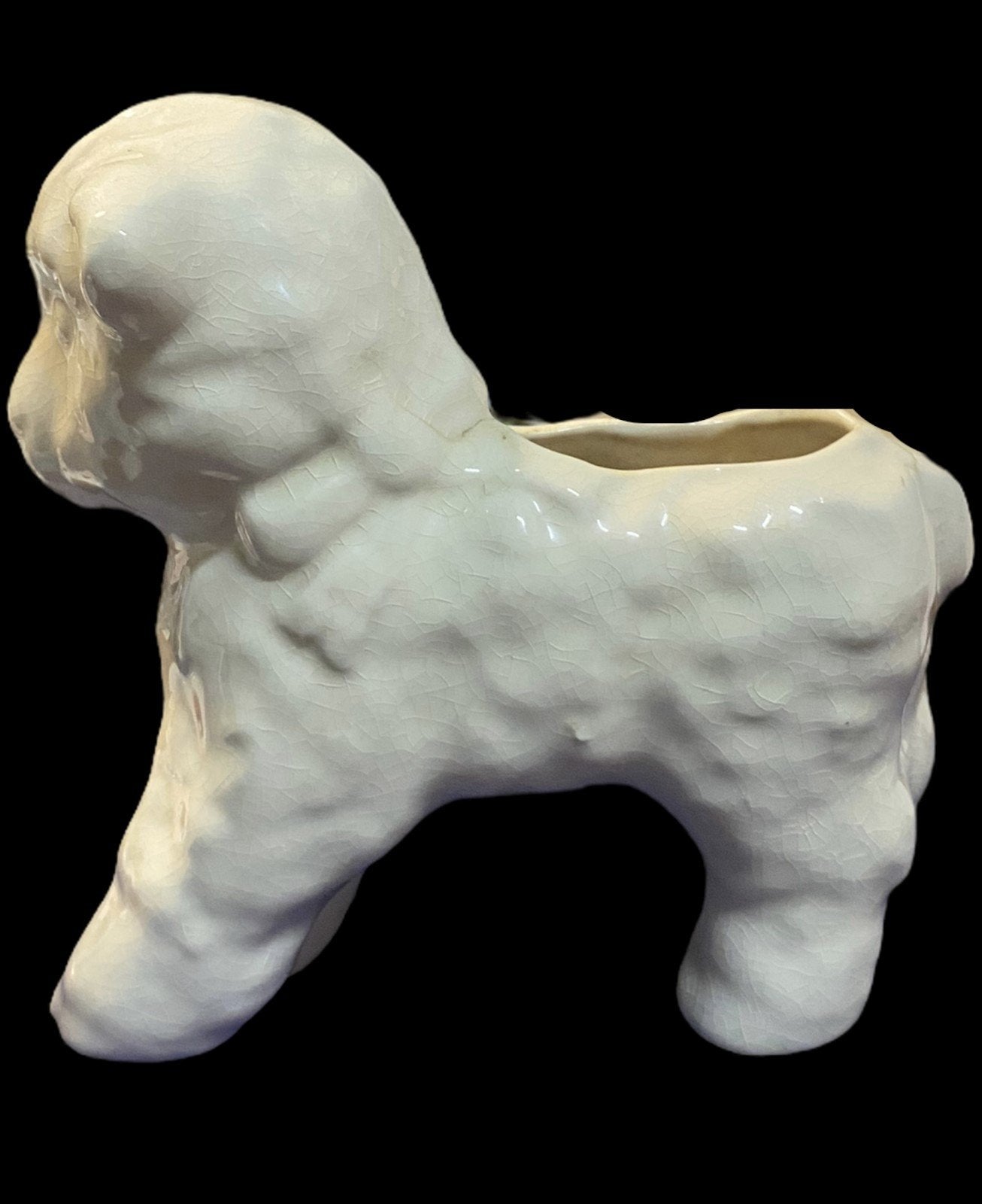 Ceramic Ivory Baby Lamb Planter/Pencil Holder Rubbed off Red Bow