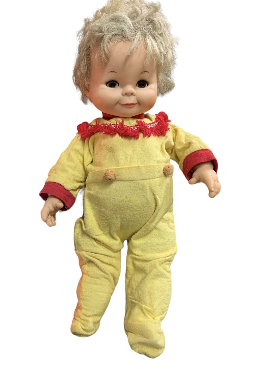 Jolly Toys Doll Vintage Red Yellow Onesie Smiling Blonde Rooted Vinyl Foam Body